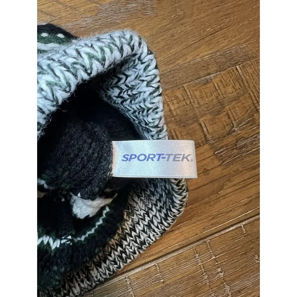 Sport-Tek Kids Pom-Pom Beanie Black White Green Winter Cozy Casual Outdoors